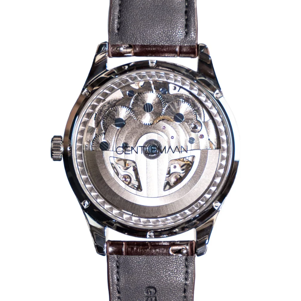 Product photo Galileo watch chrome case white dial back view