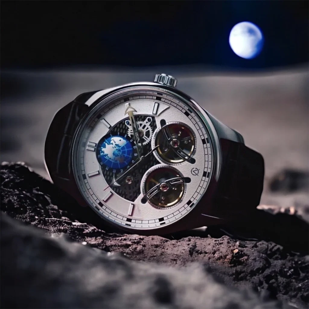 Gentleman's watch on the moon with the earth in the background